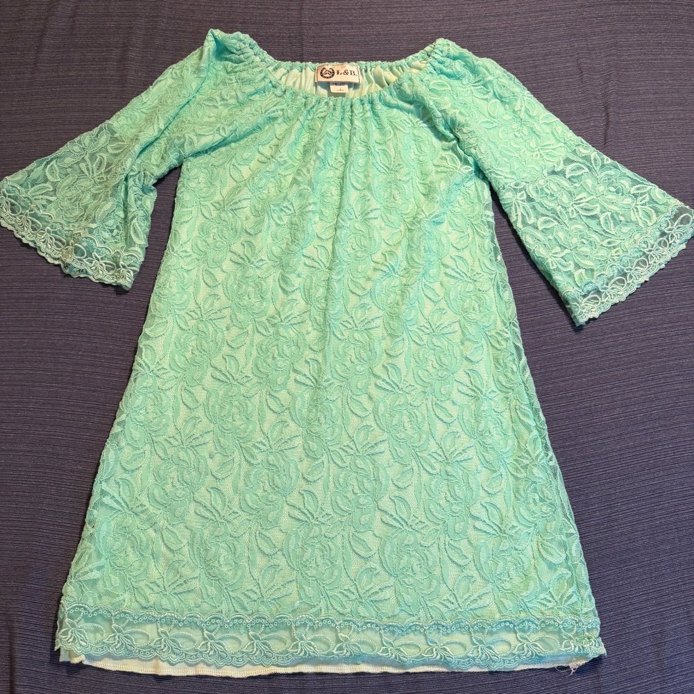 L&B Mint Green Floral Lace Bell Sleeve Mini Dress Style 980 Womens Small USA
